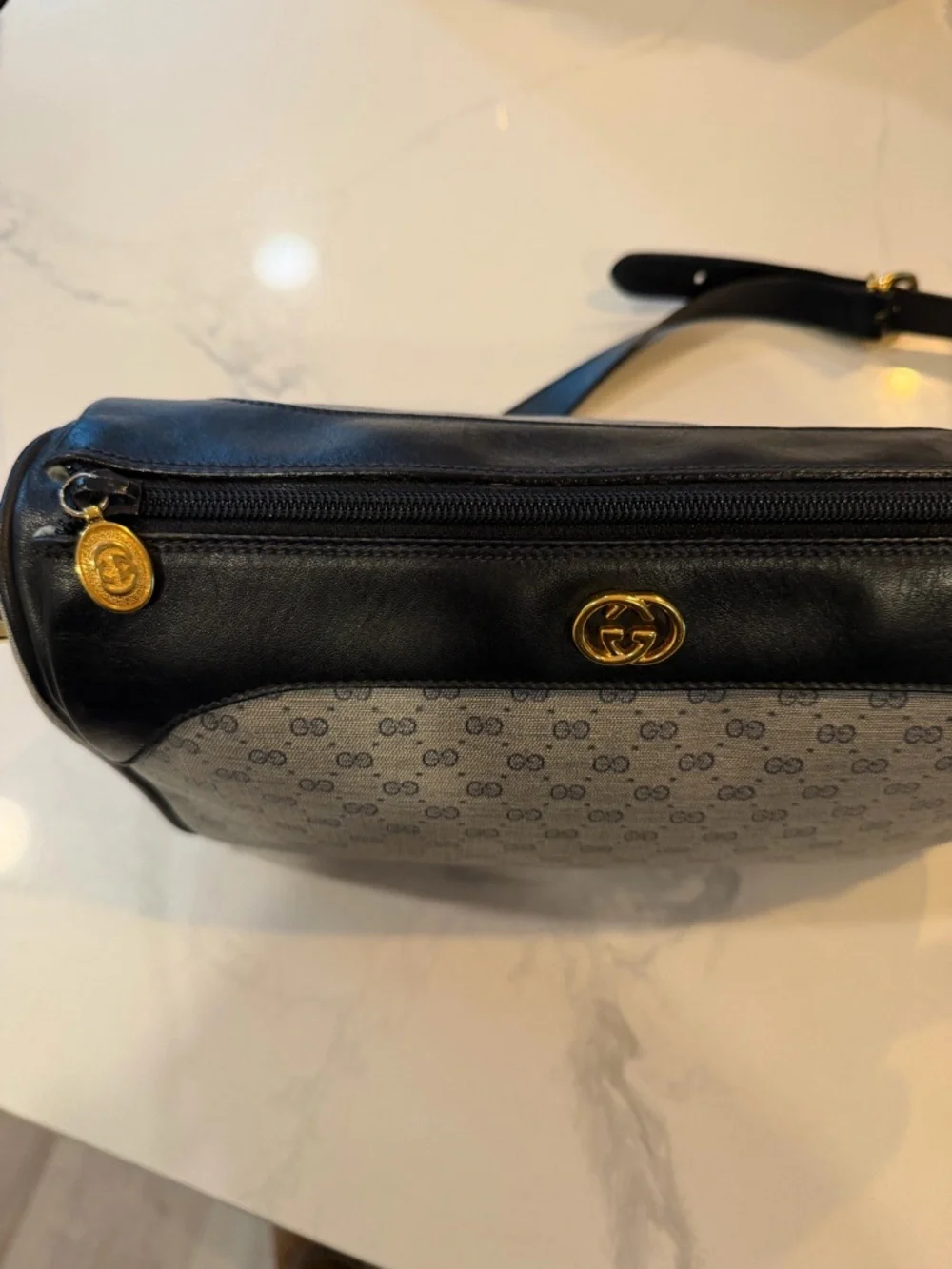 Gucci Blue Leather and Beige/Gray GG Monogram Shoulder Bag - Picture 8 of 14